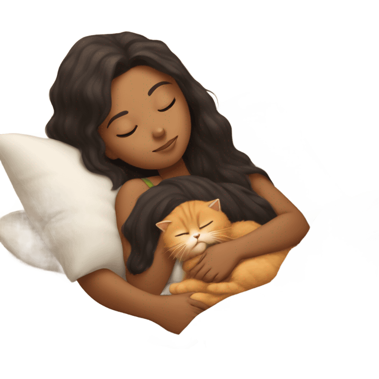 light brown girl brown-ish black hair sleeping with ginger persian fluffy kitty emoji