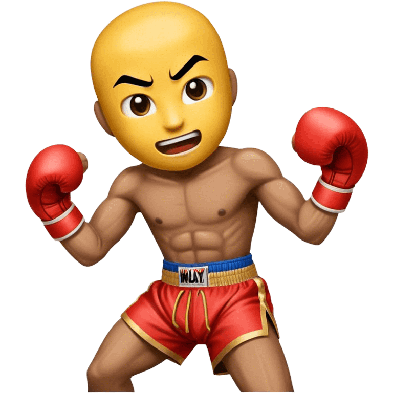 Cinematic Realistic Muay Thai Pop Culture Emoji, depicted with an action-packed portrayal of traditional Thai boxing rendered with bold textures and energetic, dramatic lighting. emoji