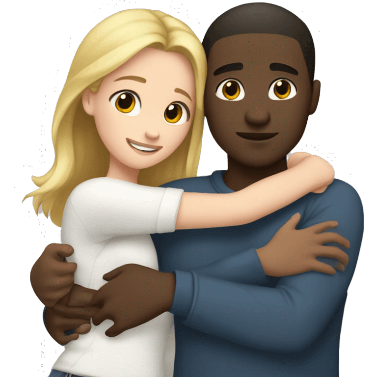 teen couple hugging black male, white girl emoji