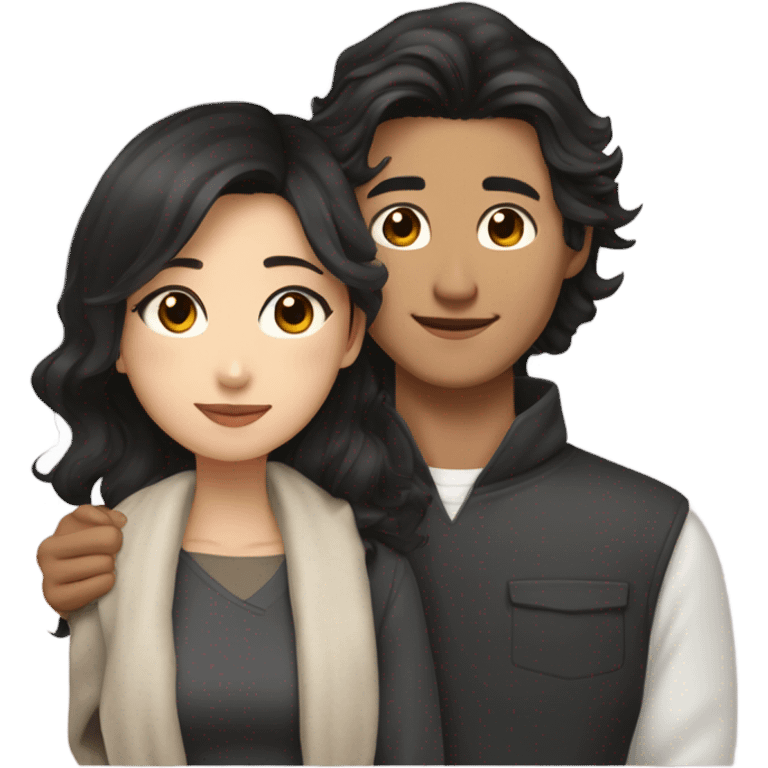 An Asian man with short dark hair and amber eyes embracing and loving a half Asian woman with long wavy dark hair and dark hazel eyes. They love each other a lot And have good fashion taste. emoji