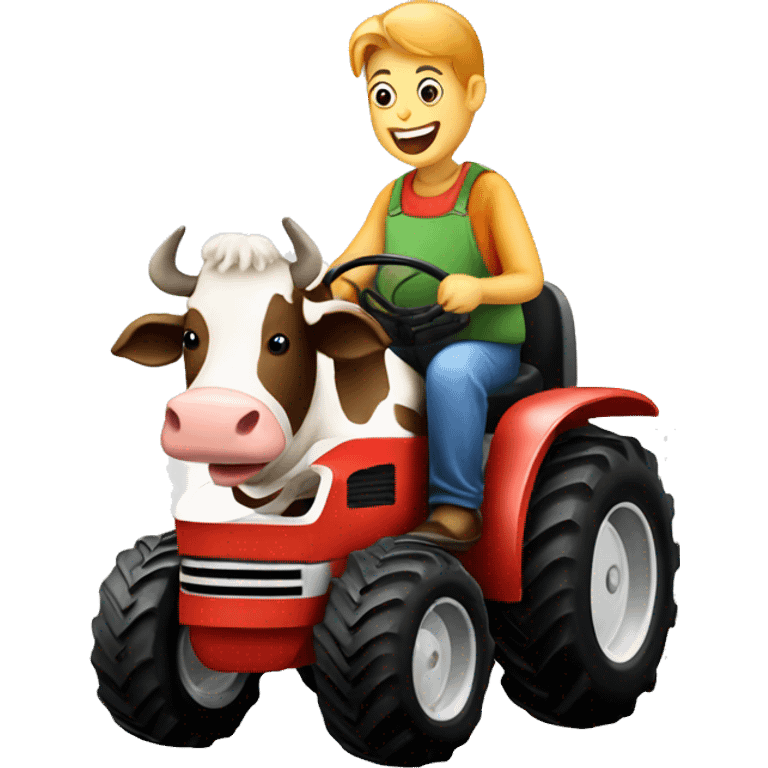 A cow riding a tractor eating a burger emoji