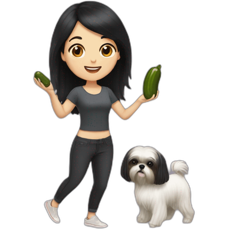 white woman with black long straight hair dancing salsa while eating pickles with a shih tzu dog emoji