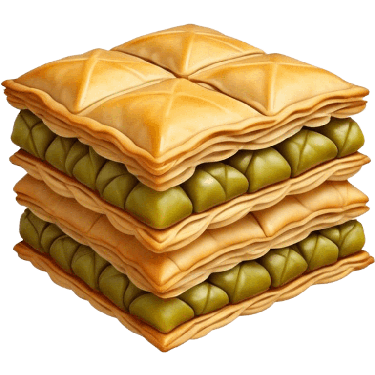 Cinematic Realistic Baklava Dessert Emoji, depicted as layers of flaky pastry with honey and nuts rendered with rich textures and warm, inviting lighting. emoji