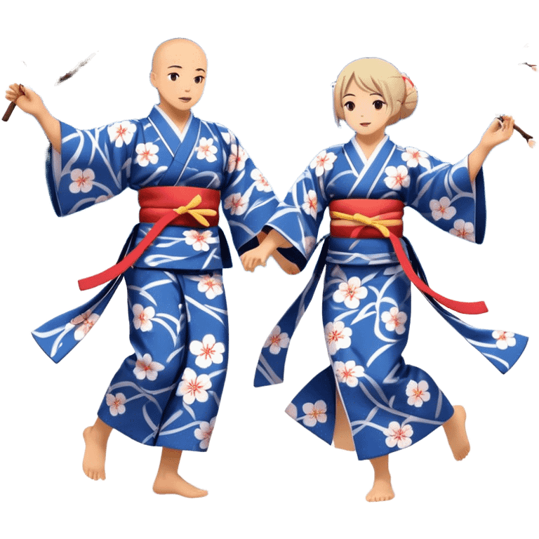 Cinematic Realistic scene of two performers engaging in Bon Odori, dressed in traditional yukata with intricate summer patterns, captured in graceful, rhythmic motion with warm, festive lighting emoji