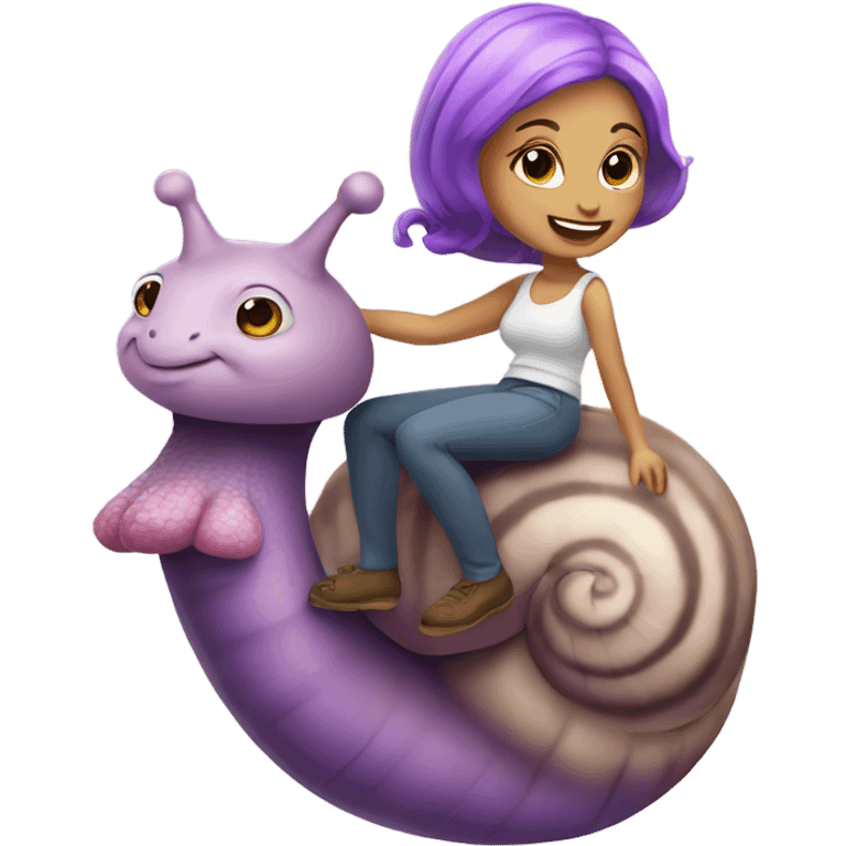 Caucasian Woman with purple hair riding a rainbow snail emoji