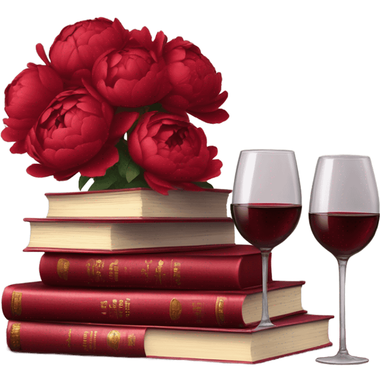 A crimson stack of books with deep red peonies and a glass of red wine emoji