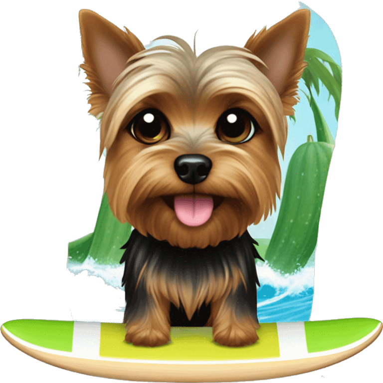 brown and black yorkshire terrier on a surf board with cucumber on the eyes emoji