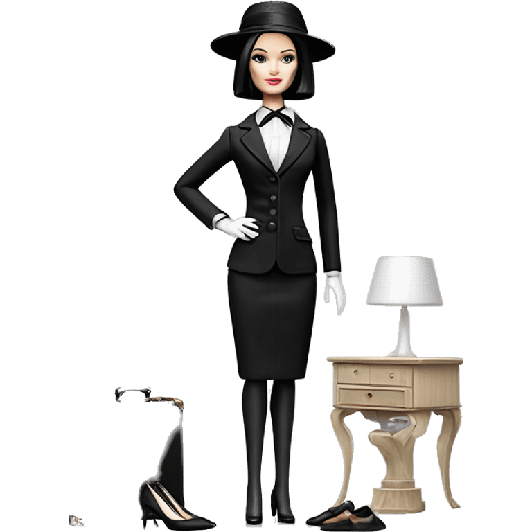 Afternoon Suit Barbie. Wednesday Addams at home. stilettos, gloves, picture hat, Very Pale-white porcelain skin.  emoji