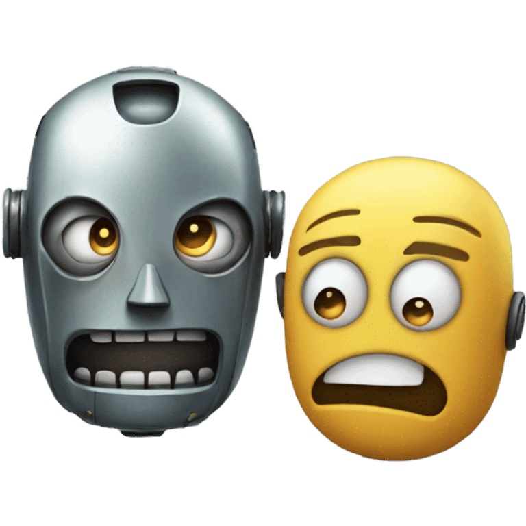 Two robots with menacing grins, looking down at a small human figure with a worried expression. emoji