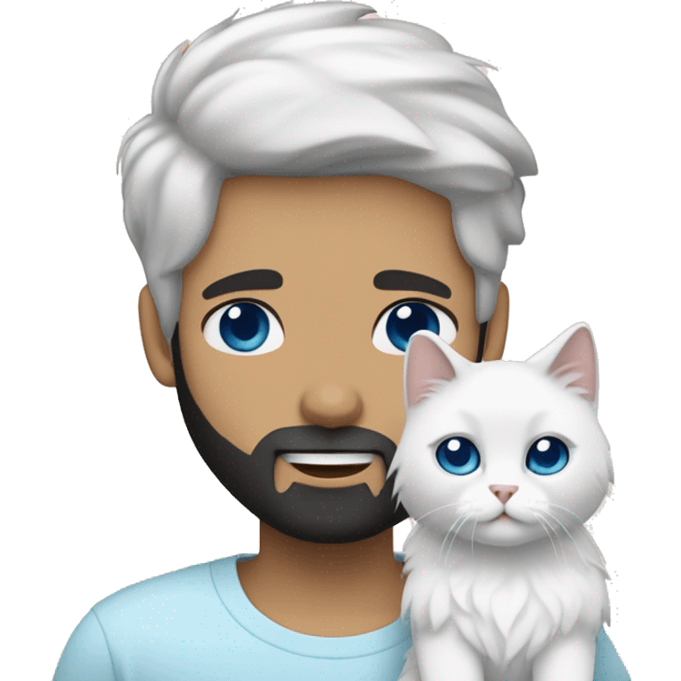 A guy with a black earing and black short hair and black beard and holding a all white Siberian cat with blue eyes  emoji