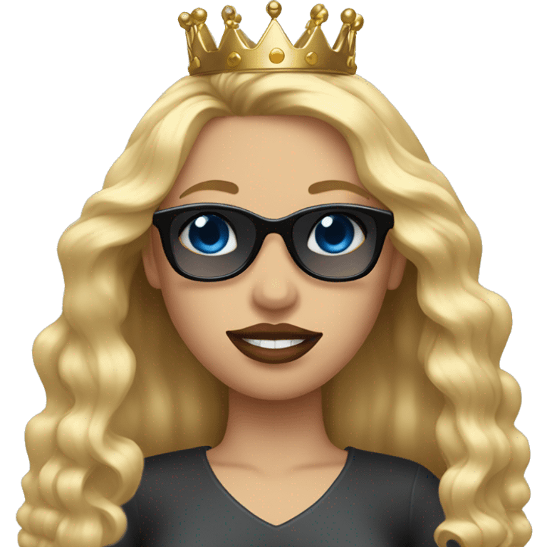 Girl with long blonde hair, blue eyes, black sunglasses that cover her eyes and cherry lipstick and a crown emoji