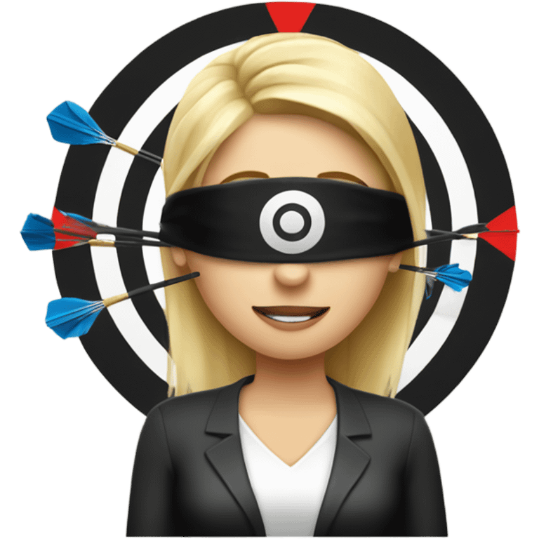 Blond woman with blindfold aiming at bullseye throwing darts emoji