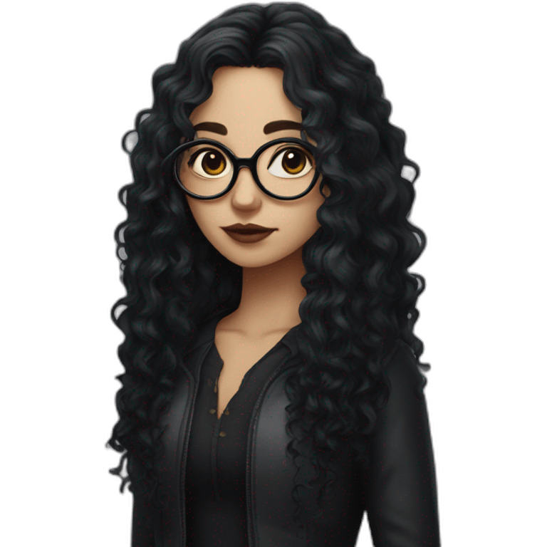 a gothic girl with long black curly hair and circular glasses emoji