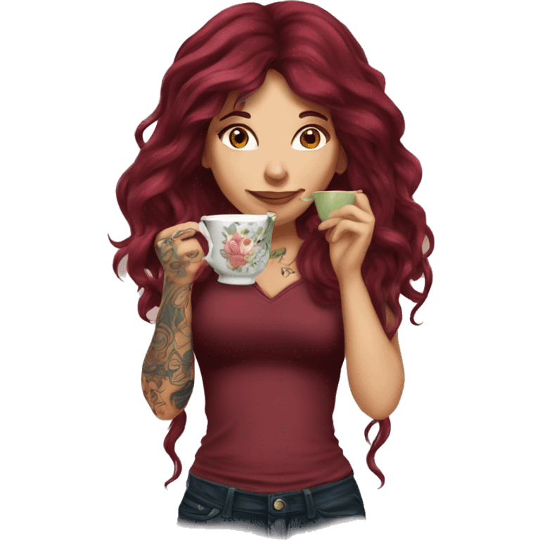 Beautiful tattooed  burgundy long haired woman sipping tea emoji