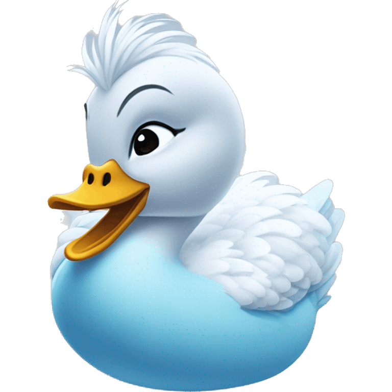 un pato con cuerpo azul, cabeza blanca y trenza con cabello blanco como Elsa de frozen emoji