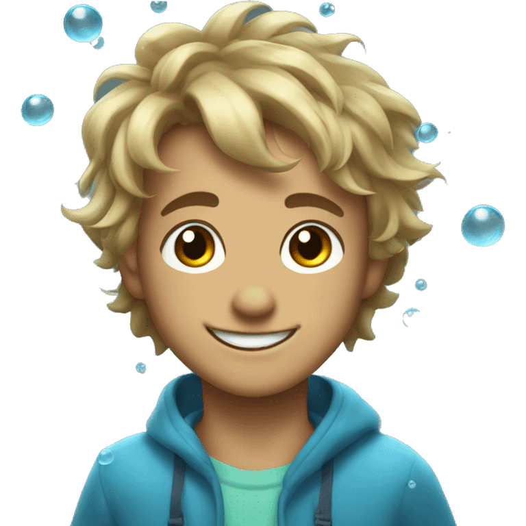 smiling wet boy with bubbles on his face and a pointy hair emoji