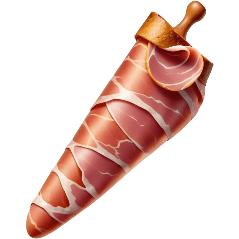 Jamón Serrano Cinematic Realistic Jamón Serrano Dish Emoji, depicted as a prominent leg of cured ham with visible marbling, rendered with rich textures and dynamic, appetizing lighting. emoji