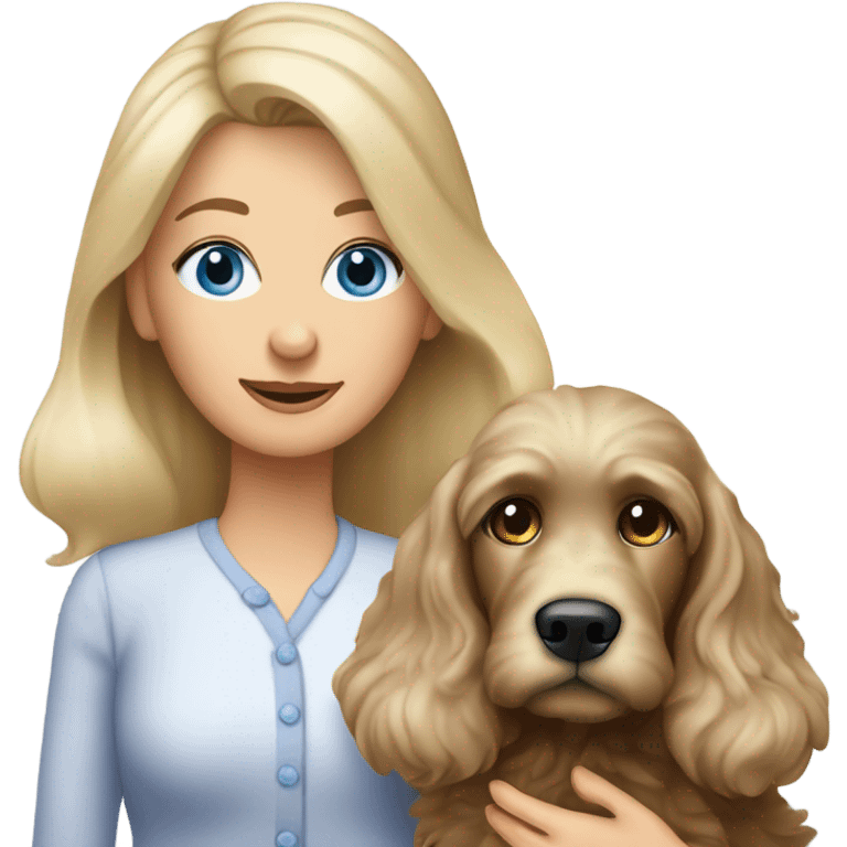 62 year Old blue eyed blonde lady with long straight hair with dark brown Cockapoo puppy dog emoji