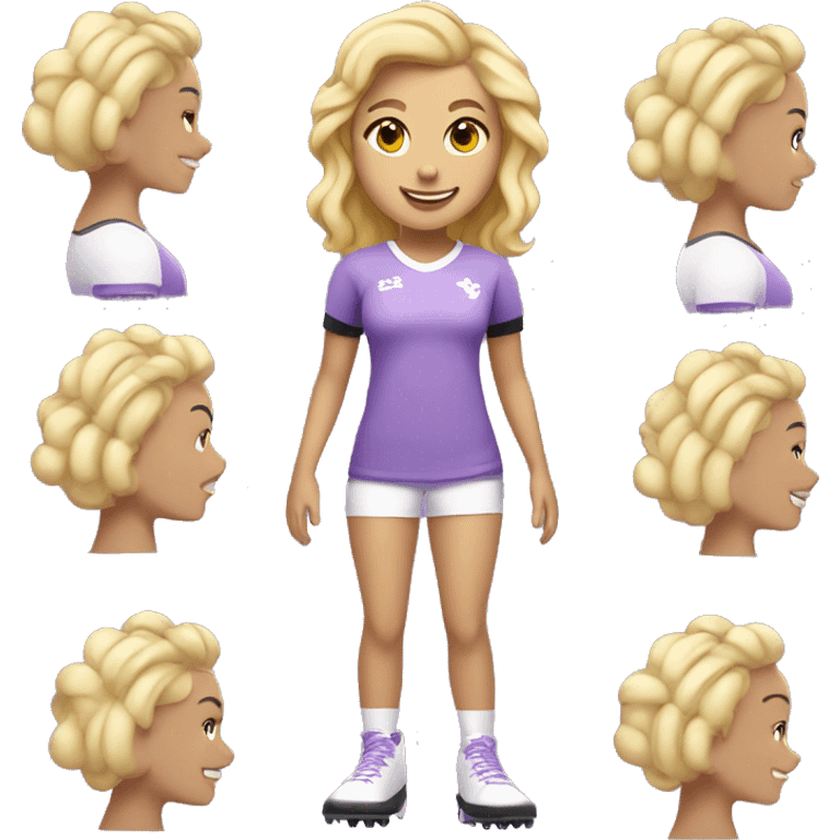 BLONDE GIRL WITH WHITE COMPLEXION WITH CURLERS PLAYING FOOTBALL SMILING WITH BRAIDS WITH LILAC AND BLACK T-SHIRT WITHOUT STRIPES FULL BODY WITH A BALL emoji