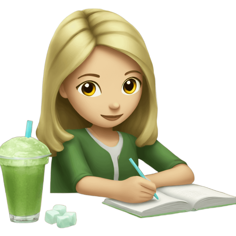 Girl studying and drinking ice matcha  emoji