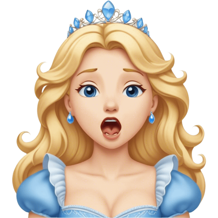 Cinematic Realistic Yawning Cinderella Portrait, showcasing lifelike porcelain skin and intricately detailed golden-blonde hair styled flawlessly as she mid-yawn reveals a moment of tender vulnerability. Her half-closed blue eyes and relaxed expression are rendered with natural, soft lighting that emphasizes the subtle textures of her face and the detailed, flowing fabric of her iconic gown. The scene glows with a cozy, authentic warmth that captures a rare, intimate moment of repose. emoji