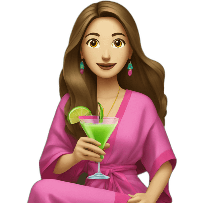 Caucasian woman with long brown hair sitting on a brown couch in front of a light green wall in a colorful caftan holding a pink cocktail emoji