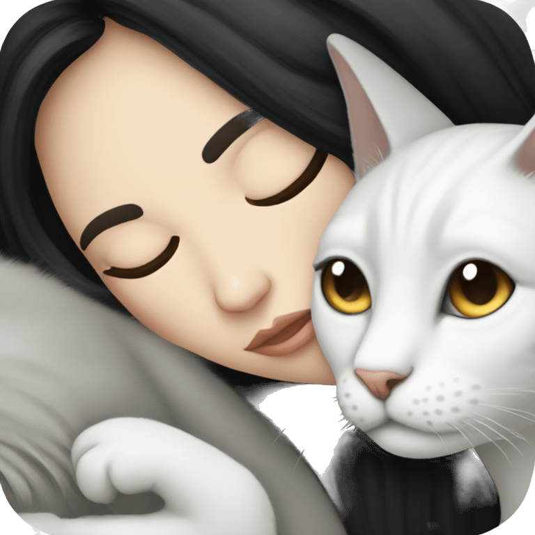 A pretty white girl with very long black hair and sleeping curled up to a white cat  emoji