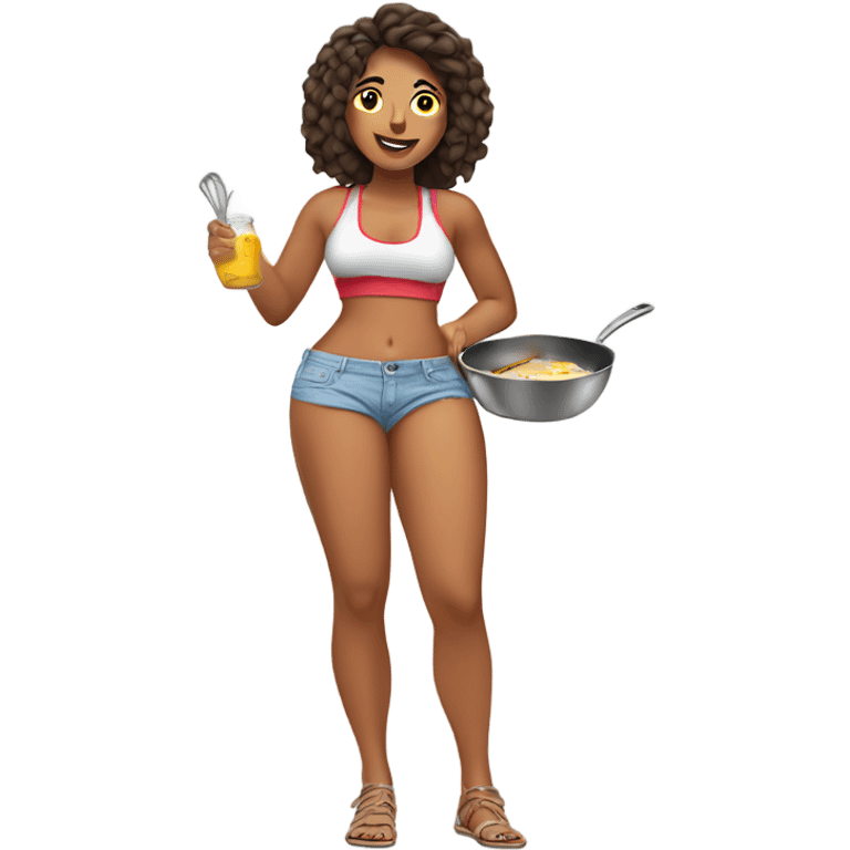 Peruvian female in booty shorts cooking breakfast emoji