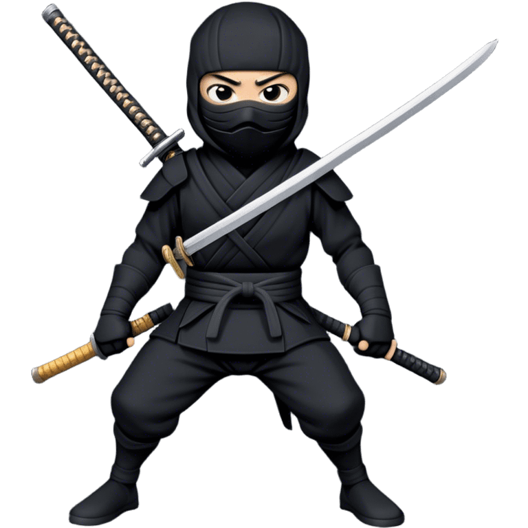  A emoji cartoon-style digital illustration of a ninja dressed in a full black outfit with a face mask, leaving only the eyes visible. The ninja has a serious and focused expression. A katana sword is strapped to their back, with the handle visible over one shoulder. The background is plain white emoji