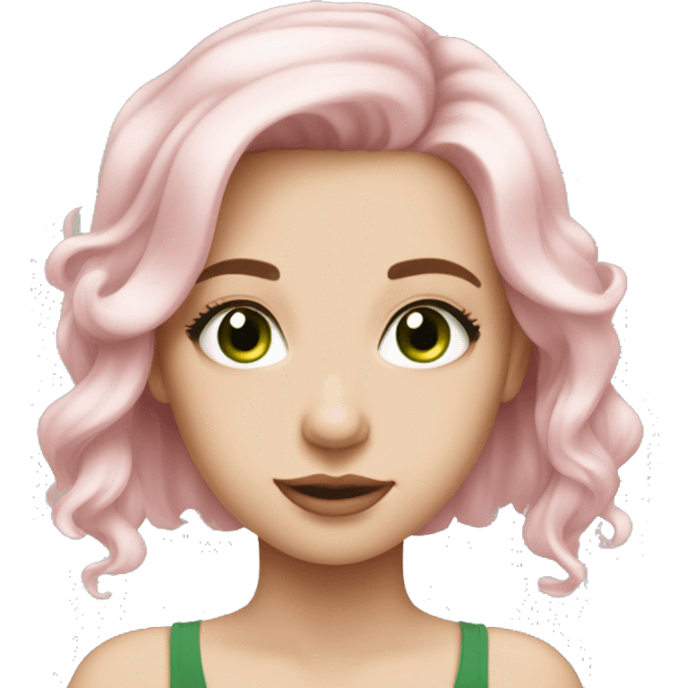 beautiful girl with fair skin, long eyelashes, green eyes and medium length light pink hair emoji