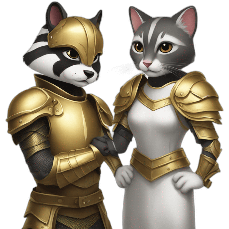 a badger with a lether armour beside a white female cat with a golden armour emoji