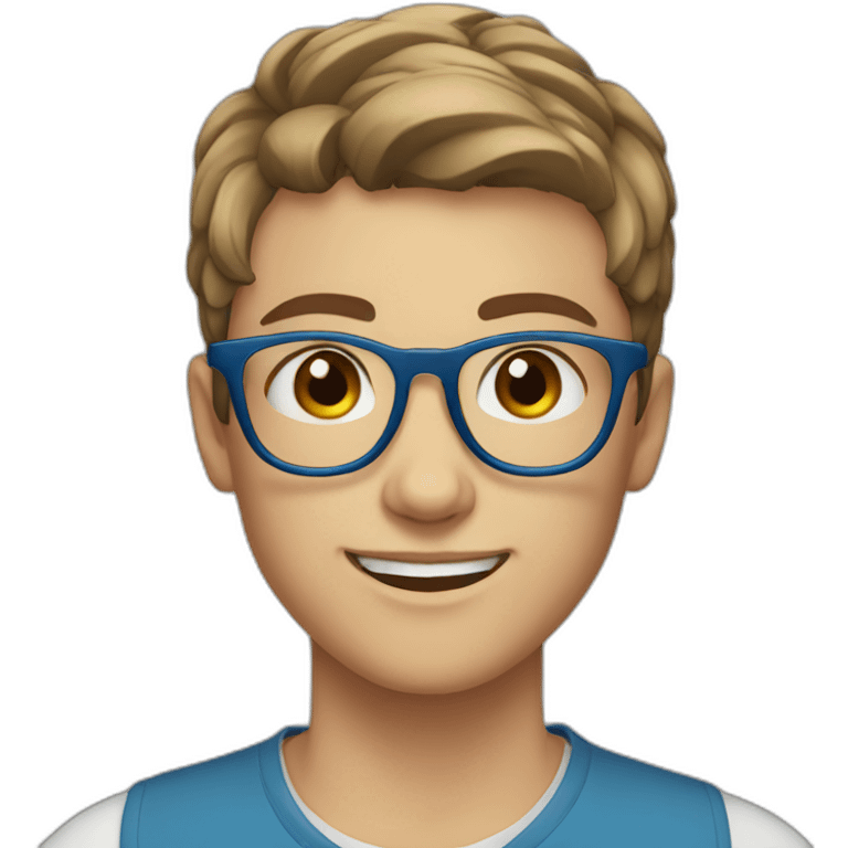 Teenager with brown short hair , transparent glasses, blue eyes emoji