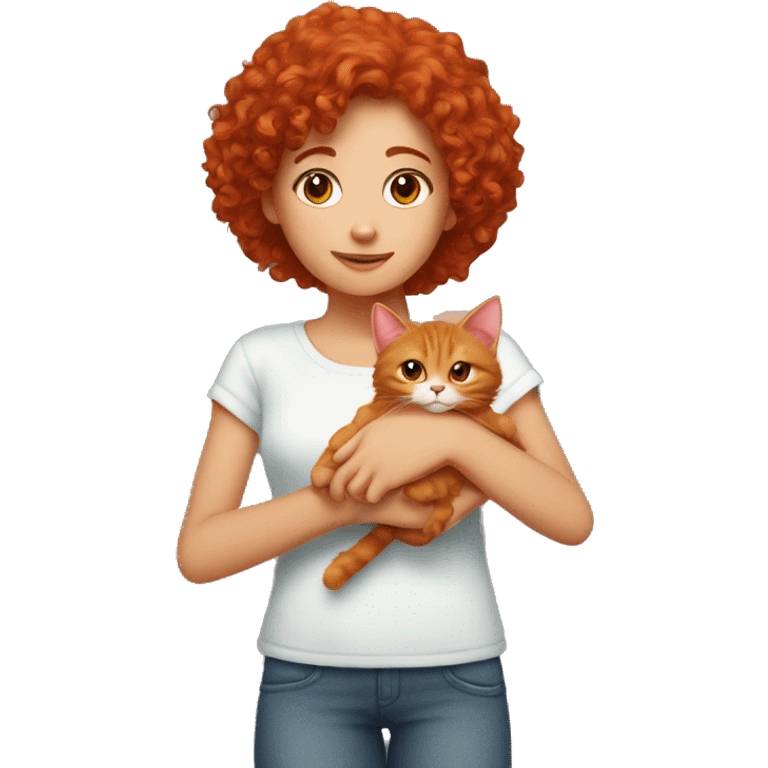 A red-haired curly-haired girl holds a red cat in her hands emoji