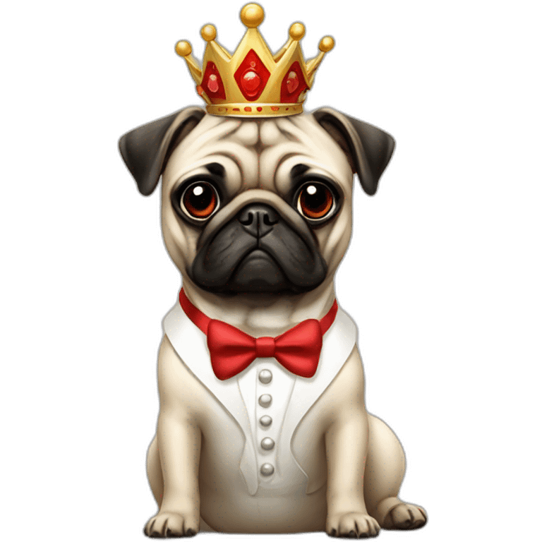 A dog (pug) with a crown in a white suit with a red bow emoji