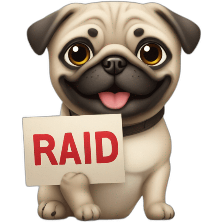 smiling pug holding a sign that reads the word "raid" in red font emoji