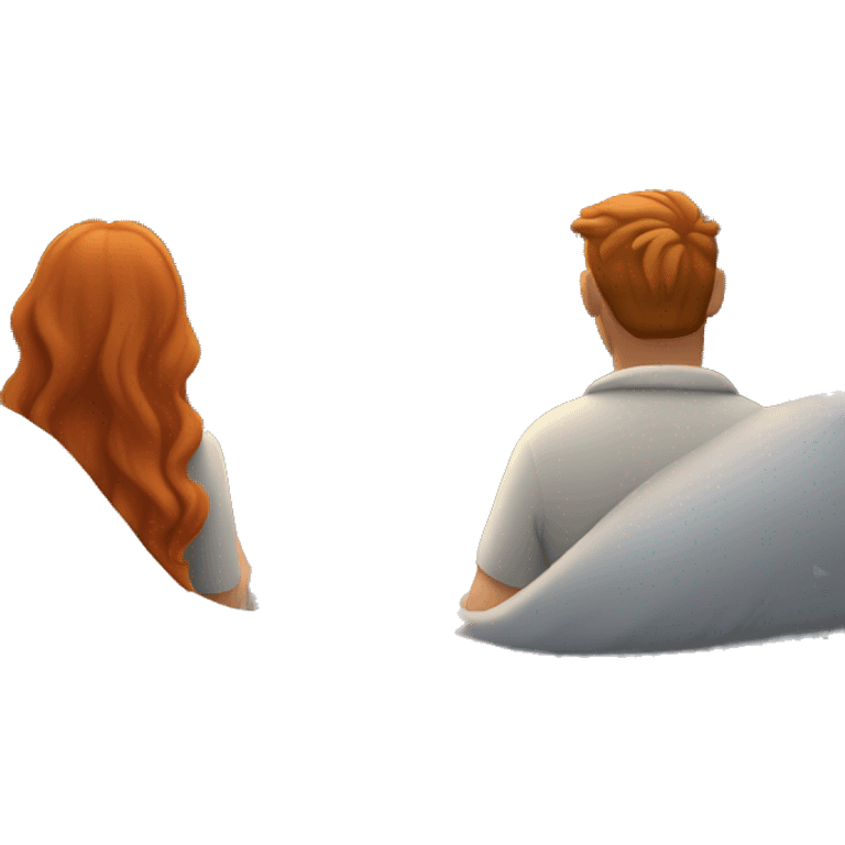 A view from behind a couple who are in a bed, just covered with a sheet that are watching a distant mountain top sunset. She has long red hair, he has light brown hair, short grey beard. emoji