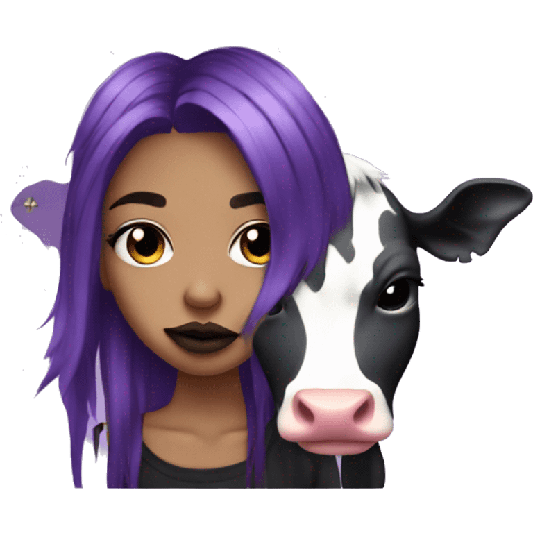 emo girl with lip piercings and big septum piercing and has purple hair streaks with her pet cow  emoji