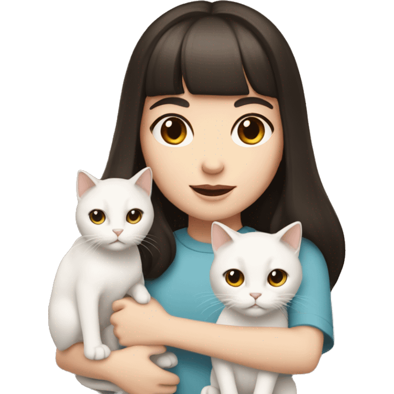 A pale girl with dark brown hair and dark brown eyes and bangs holds a white cat in her hands emoji