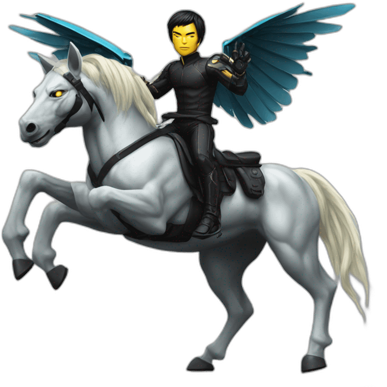 Bruce Lee riding cyberpunk winged mech horse emoji