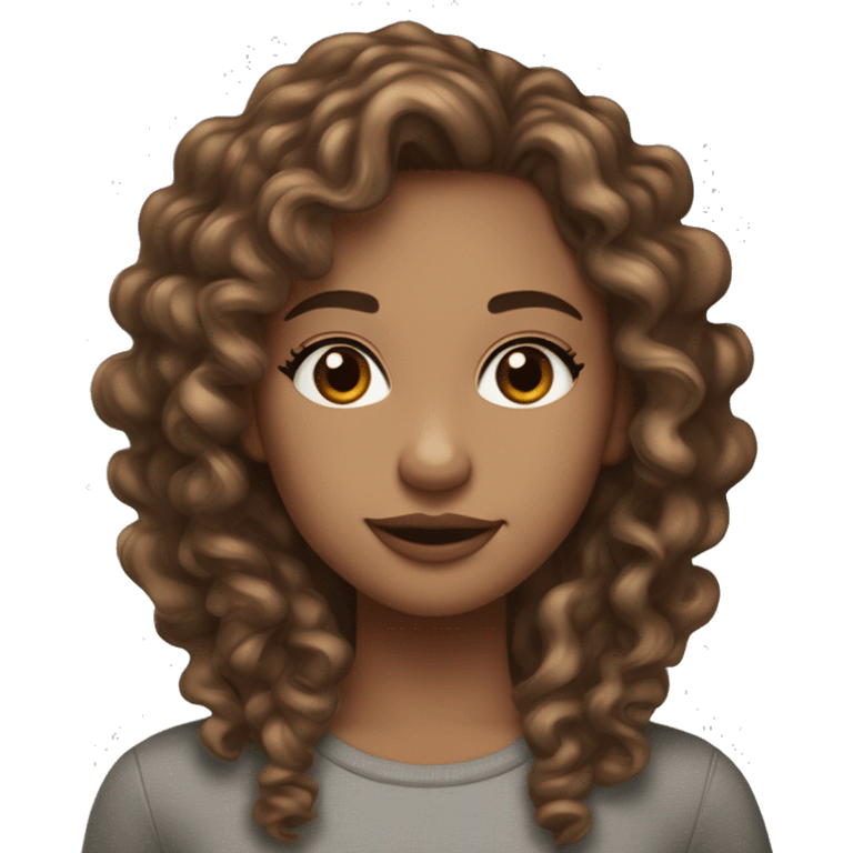 Girl with long curly hair, brownish, hazel eyes, freckles, long eyelashes and medium to light skin tone and midsize lips ￼ emoji