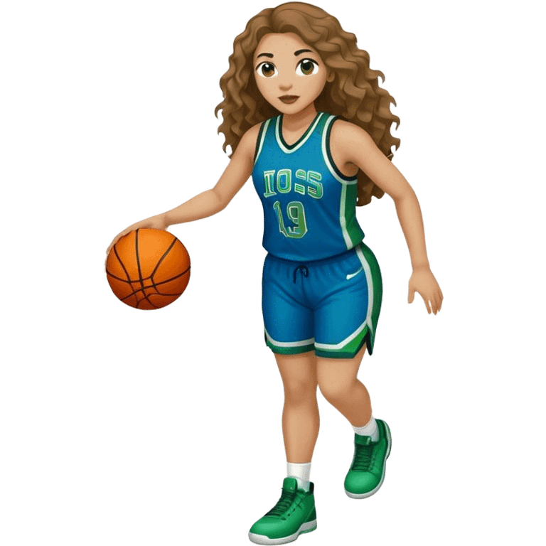 full figure light latino women basketball player with long  wavy hair wearing blue and green uniform emoji