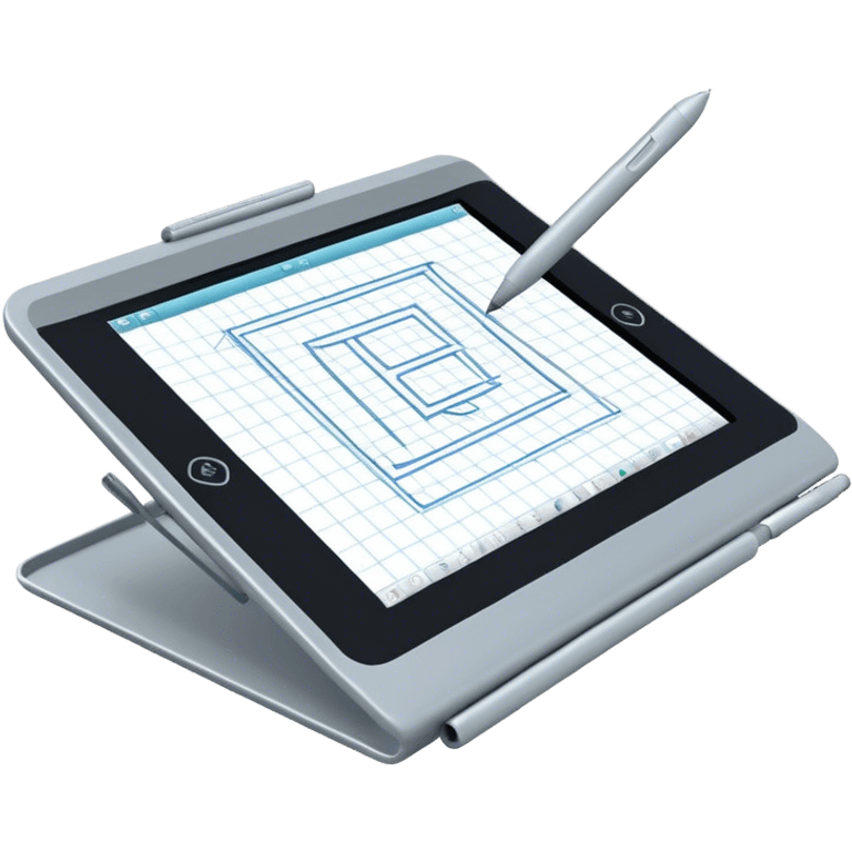 Create an emoji for 3D visualization and modeling. Show a large graphic tablet with a stylus drawing in a 3D modeling program, displaying a wireframe model that pops out from the screen. Use modern, professional colors. Do not include any emojis or smiley faces. Make the background transparent. emoji