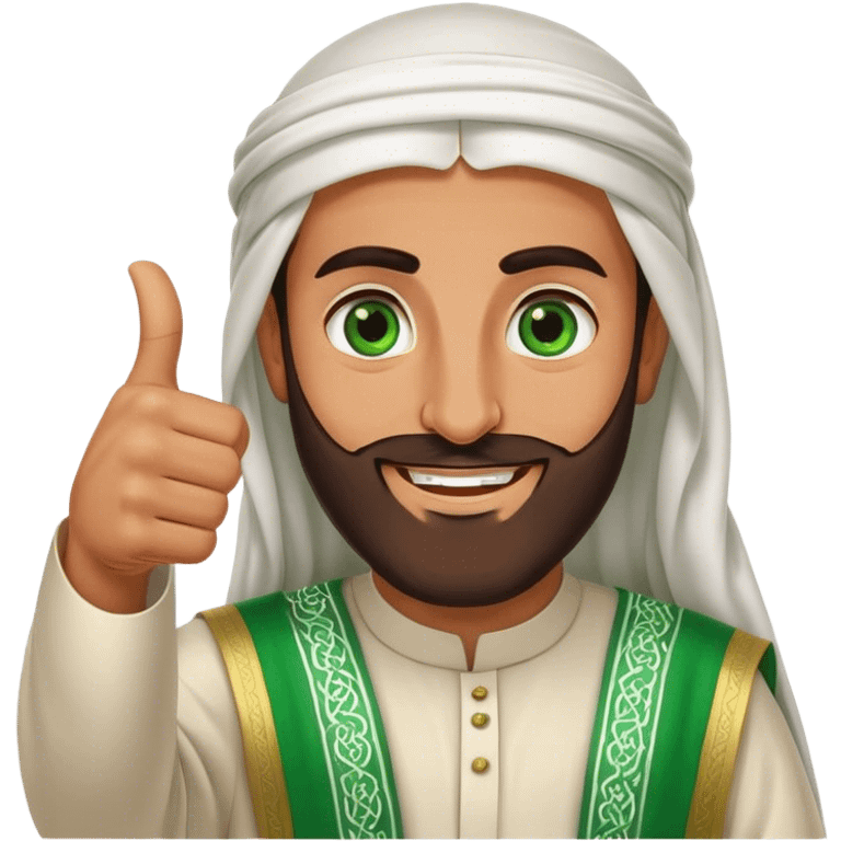 Tanned Arab Saudi man with green eyes and a beard, wearing traditional attire, smiling and giving a big thumbs-up emoji