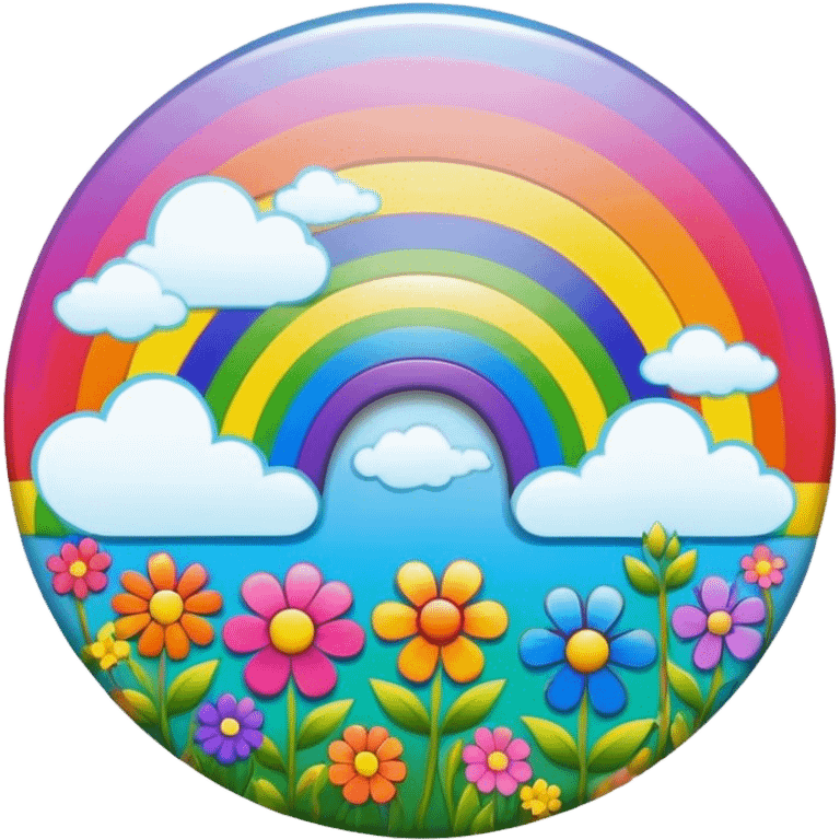 A round psychedelic colored button with a bezeled rainbow and colored hippie style flowers emoji