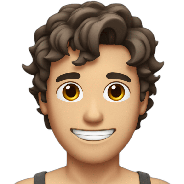 white guy with wet dark brown hair and brown eyes smiling with his mouth closed and shirtless with slightly muscles emoji