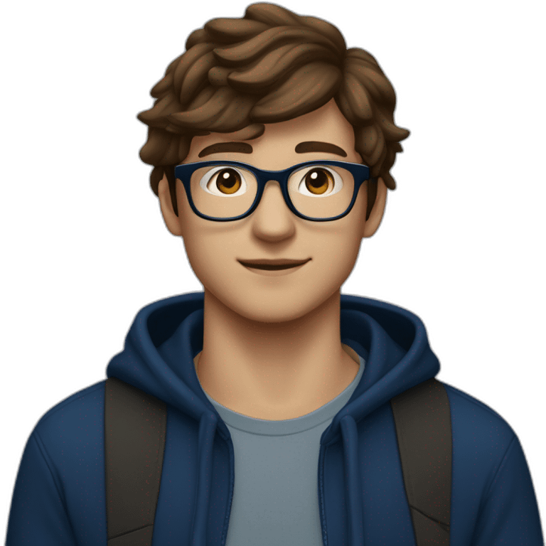 A 20-year-old man with a dark blue hoodie, brown hair and rectangular black glasses ￼ emoji