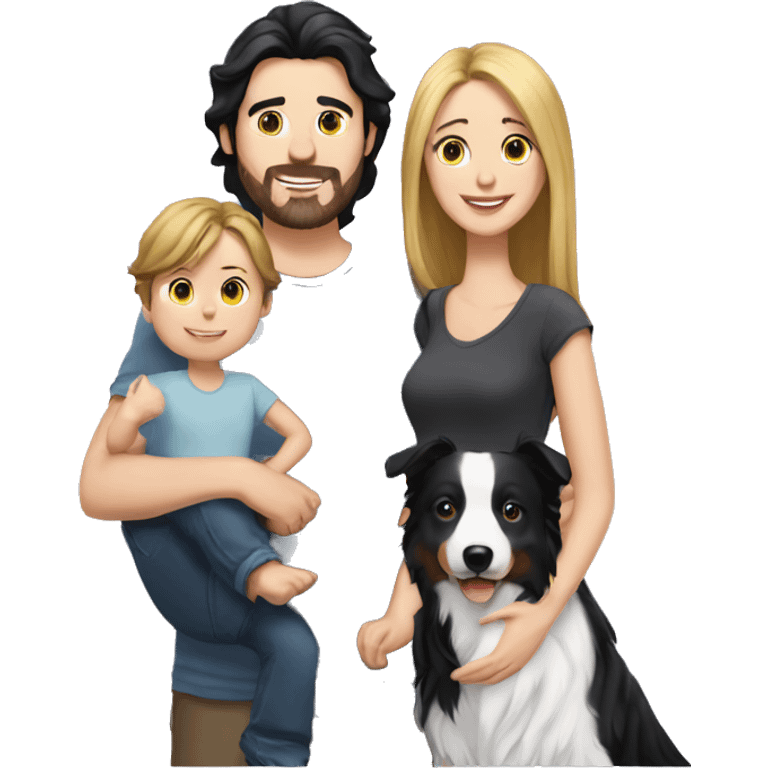 Family formed by a White man and a White woman with long black hair and a baby and a small black border collie dog emoji