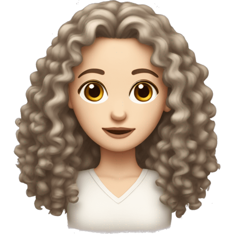 she has a long perm hair, big brown eyes, pale skin tone emoji