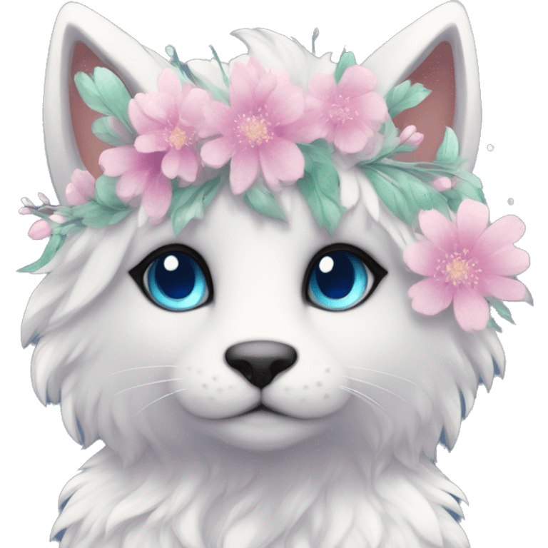 Anthro Cute Cool Kawaii gorgeous sparkly ethereal fantasy animal creature with blue eyes furry sona with flowers beautiful aesthetic emoji