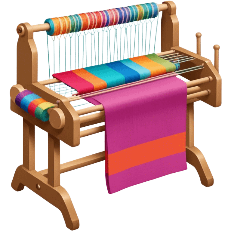 Weaving icon, loom with colorful fabric being woven, visible shuttle, spools of yarn, fabric swatches, sewing patterns, and finished clothing items, minimalistic style, clean lines, transparent background. emoji